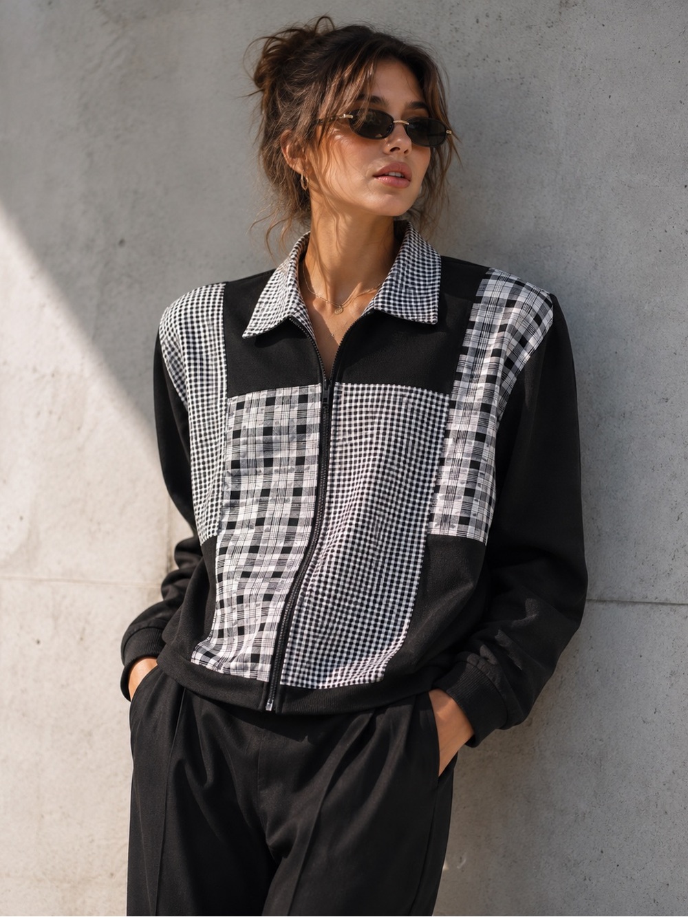 Vintage Lindsey Scott Sport Patchwork Gingham Plaid Jacket Black White L